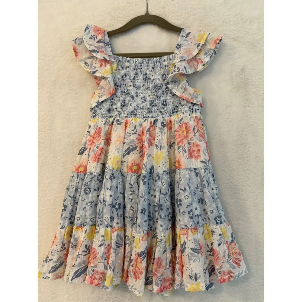 Haute Hippie Kids Floral Tiered Smocked Dress Girls Size 3T Flutter Sleeve Blue